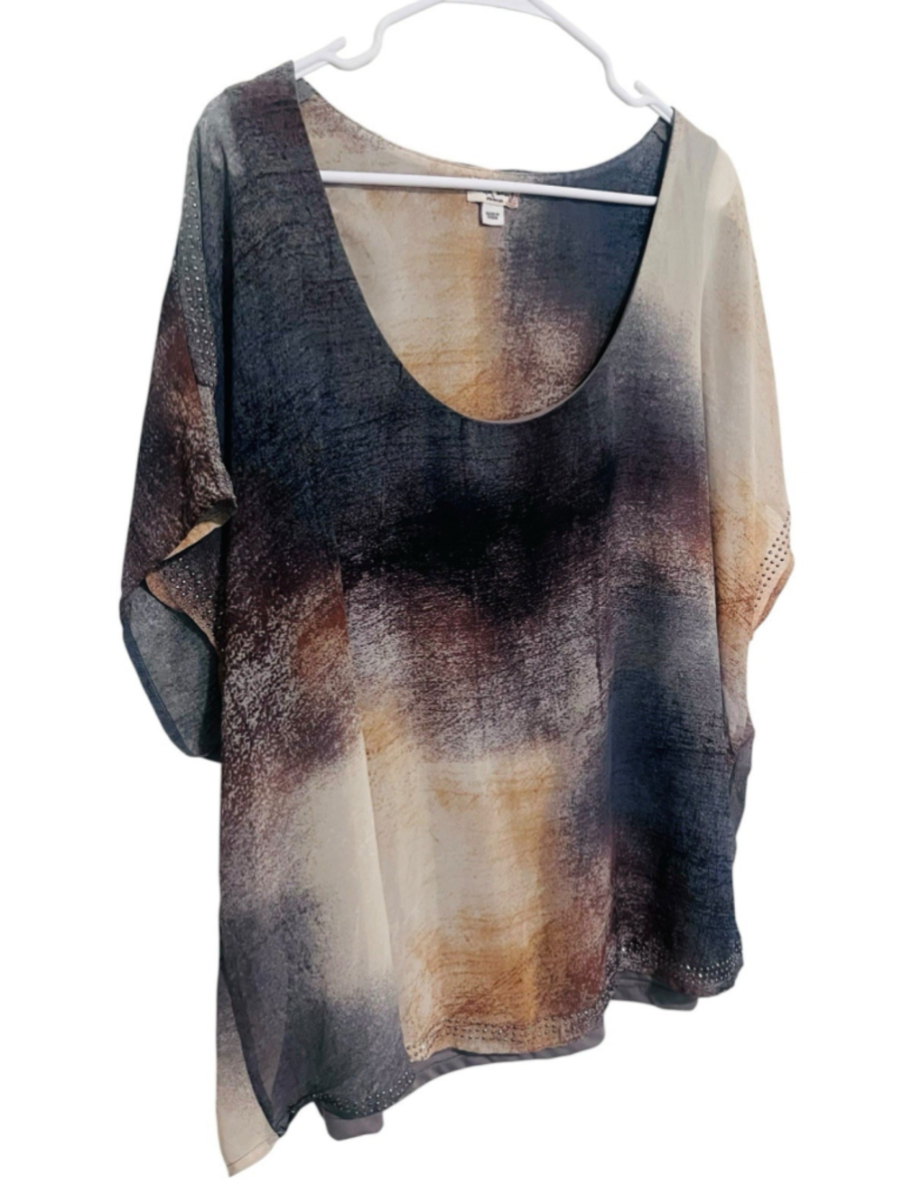 World Unity Mixed Neutrals Top 2X Brown, Gray Sheer Layered Studded Flowy Blouse